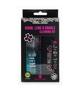 KIT LIMPIADOR ANTIBACTERIANO LENTES Y CASCOS MUC-OFF HELMET & VISOR CLEANER SPRAY 35ML + PAÑO + BOLSA TRANSPORTE