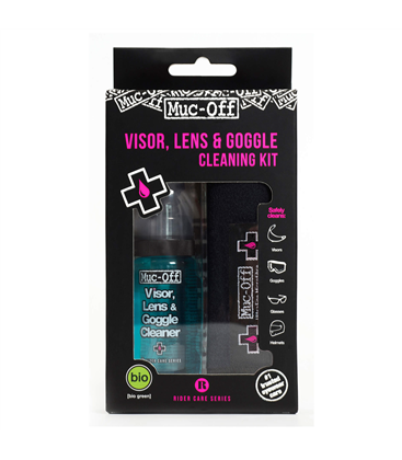 KIT LIMPIADOR ANTIBACTERIANO LENTES Y CASCOS MUC-OFF HELMET & VISOR CLEANER SPRAY 35ML + PAÑO + BOLSA TRANSPORTE