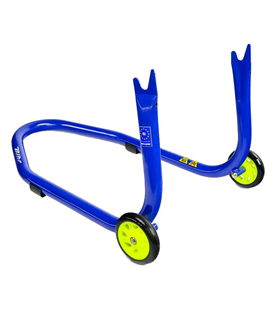 Caballete trasero Bihr con soportes en V para diábolos. Color azul y ruedas amarillas.