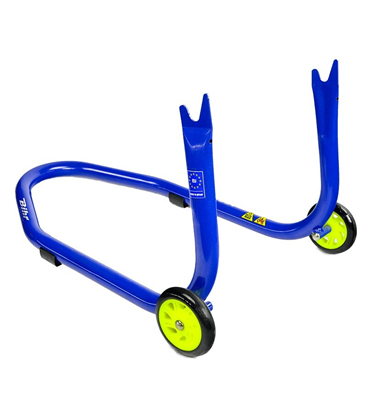 Caballete trasero Bihr con soportes en V para diábolos. Color azul y ruedas amarillas.